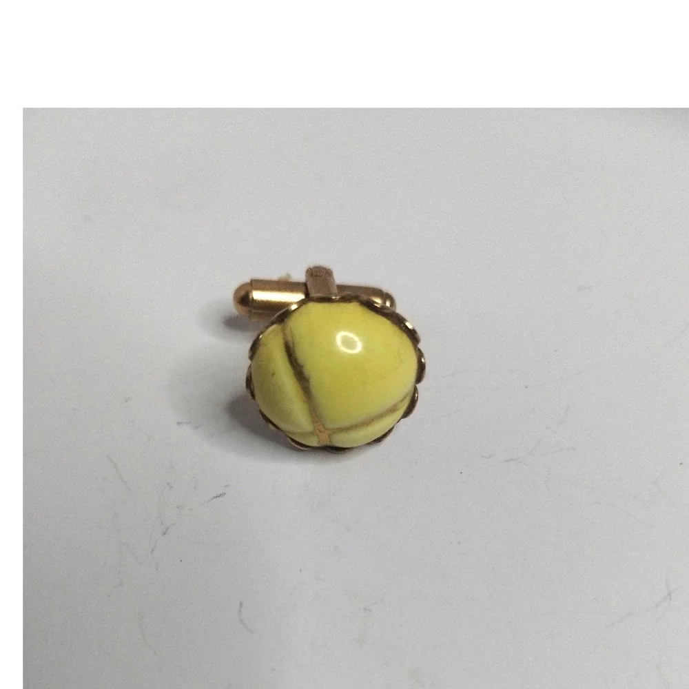Vintage Single Round Domed Yellow Enamel Gold Tone Toggle Back Cufflink Retro